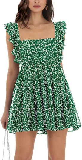 Womens Summer Square Neck Tie Back Ruffle Sleeve Tiered Casual A-Line Short Mini Dress