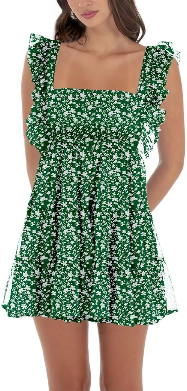 Womens Summer Square Neck Tie Back Ruffle Sleeve Tiered Casual A-Line Short Mini Dress