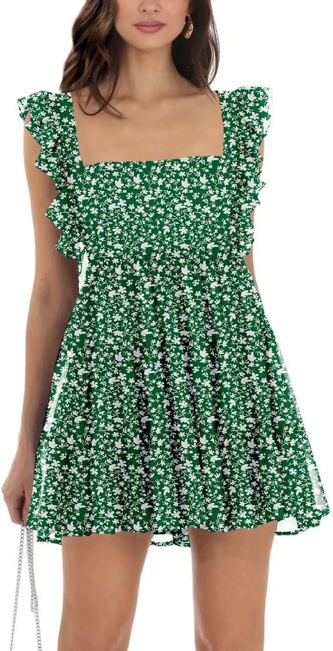 Womens Summer Square Neck Tie Back Ruffle Sleeve Tiered Casual A-Line Short Mini Dress