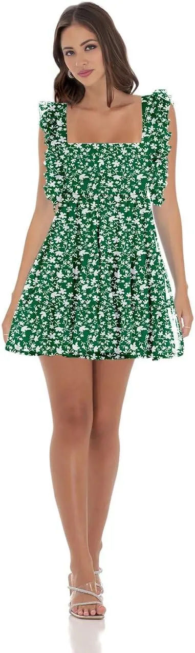 Womens Summer Square Neck Tie Back Ruffle Sleeve Tiered Casual A-Line Short Mini Dress