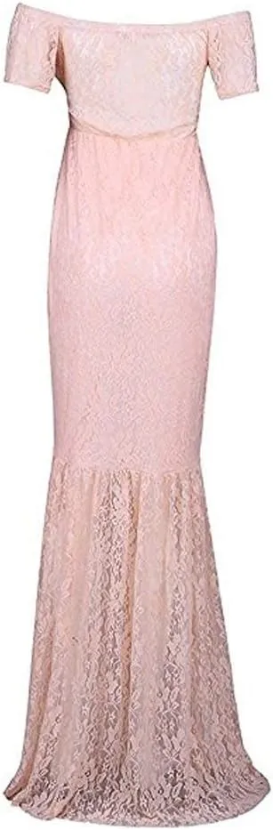 ZIUMUDY Womens Off Shoulder Short Sleeve V Neck Lace Maternity Gown Maxi Photography Dress