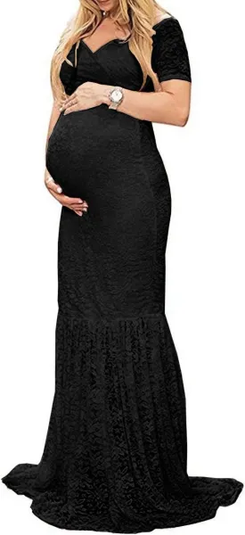 ZIUMUDY Womens Off Shoulder Short Sleeve V Neck Lace Maternity Gown Maxi Photography Dress