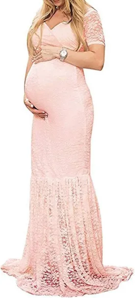 ZIUMUDY Womens Off Shoulder Short Sleeve V Neck Lace Maternity Gown Maxi Photography Dress