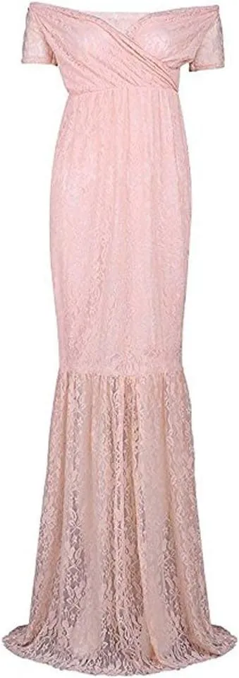 ZIUMUDY Womens Off Shoulder Short Sleeve V Neck Lace Maternity Gown Maxi Photography Dress
