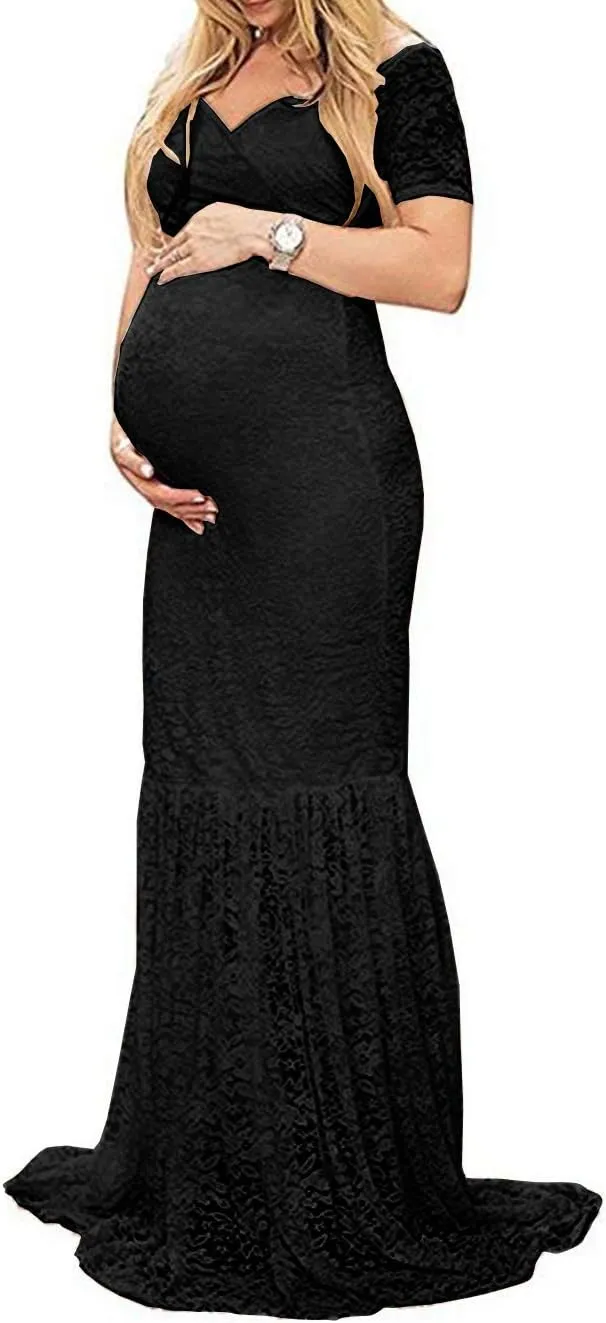 ZIUMUDY Womens Off Shoulder Short Sleeve V Neck Lace Maternity Gown Maxi Photography Dress